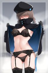 Rule 34 | 1girl, absurdres, arknights, black bra, black gloves, black headwear, black jacket, black panties, black thighhighs, blurry, blurry background, blush, bra, breasts, brown hair, cowboy shot, depth of field, facing viewer, garter belt, gloves, gluteal fold, grey background, hair over eyes, high collar, highres, jacket, lace, lace-trimmed bra, lace trim, lingerie, long hair, long sleeves, medium breasts, narrow waist, navel, open clothes, open jacket, panties, panties over garter belt, reserve operator (arknights), skindentation, solo, stomach, thighhighs, underwear, undressing, unzipped, z.taiga