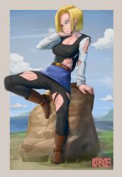 Rule 34 | 1girl, abs, android 18, arm support, belt, blue eyes, blue sky, boots, breasts, cameltoe, cleavage, cleft of venus, cloud, dragon ball, dragonball z, gluteal fold, highres, kabos, pantyhose, rock, sitting, skirt, sky, smile, solo, spread legs, toned, torn clothes, torn pantyhose