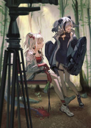 Rule 34 | 2girls, :d, absurdres, animal ears, arknights, bamboo, black footwear, black hair, black ribbon, breasts, camera, cleavage, cleavage cutout, clothing cutout, colored skin, commentary, dragon girl, dragon horns, dragon tail, dress, feater (arknights), full body, grey hair, grey jacket, hair over one eye, highres, holding, holding paper, horns, jacket, leg ribbon, long sleeves, mechanical arms, medium breasts, multicolored hair, multiple girls, natsuba002, nian (arknights), one eye covered, open clothes, open jacket, open mouth, panda ears, paper, pointy ears, ponytail, purple eyes, red eyes, red hair, red skin, red tube top, ribbon, shoes, sitting, sleeveless, sleeveless dress, smile, standing, strapless, streaked hair, tail, tongue, tripod, tube top, white footwear, white hair, white jacket