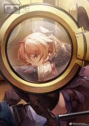 Rule 34 | 1girl, absurdres, arknights, brown eyes, chinese commentary, commentary request, feather hair, highres, jacket, konohana (weibo), long hair, long sleeves, looking at viewer, mole, mole under eye, orange hair, pinecone (arknights), ponytail, skirt, solo, thighhighs