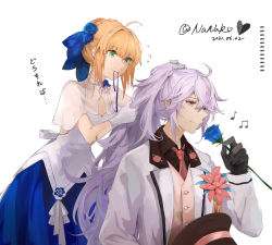 Rule 34 | 1boy, 1girl, adjusting hair, ahoge, alternate costume, artist name, artoria pendragon (all), artoria pendragon (fate), bare shoulders, beamed eighth notes, beige vest, black gloves, black shirt, blonde hair, blue bow, blue dress, blue flower, blue ribbon, blue skirt, bow, braid, breasts, buttons, capelet, choker, cleavage, commentary, commentary request, dated, dress, eighth note, english commentary, fate/grand order, fate/stay night, fate (series), floral print, flower, flower knot, flying sweatdrops, french braid, gloves, green eyes, hair between eyes, hair bow, hair flower, hair ornament, hair ribbon, hairdressing, half-closed eyes, hat, heart, highres, jacket, layered clothes, light purple hair, long hair, long sleeves, merlin (fate), mouth hold, musical note, nanako (user zcmj5835), necktie, official alternate costume, purple eyes, red neckwear, ribbon, ribbon in mouth, rose print, saber (fate), saber (fgo x takarazuka kinen) (fate), see-through, see-through cleavage, shirt, short hair, sidelocks, skirt, smelling flower, suit jacket, sweatdrop, top hat, tying hair, unworn headwear, very long hair, white background, white choker, white dress, white gloves, white jacket, wing collar