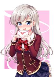 Rule 34 | 1girl, :d, absurdres, blazer, blue eyes, blue skirt, blush, bow, braid, braided bangs, breasts, center frills, collared shirt, commentary request, earrings, envelope, frilled skirt, frills, glint, grey hair, hands up, heart, heart earrings, highres, hisakawa hayate, holding, holding envelope, idolmaster, idolmaster cinderella girls, idolmaster cinderella girls starlight stage, jacket, jewelry, long hair, long sleeves, looking at viewer, medium breasts, mitsumine raimu, nose blush, open mouth, pink background, plaid, plaid bow, plaid skirt, pleated skirt, red bow, red jacket, school uniform, shirt, skirt, smile, solo, two-tone background, very long hair, white background, white shirt