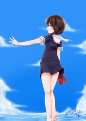 Rule 34 | 10s, 1girl, ahoge, bare legs, barefoot, blue eyes, braid, brown hair, cloud, cloudy sky, commentary request, dated, day, feet, from behind, hair over shoulder, highres, jewelry, kantai collection, kneepits, looking at viewer, looking back, ocean, pleated skirt, ring, school uniform, serafuku, shigure (kancolle), shirogane (cufsser), shoes, unworn shoes, signature, single braid, skirt, sky, smile, solo, wedding band