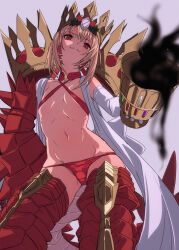 Rule 34 | 1girl, :3, armored legwear, blonde hair, chalice, choker, crown, cup, detached sleeves, dragon claw, dragon tail, facial mark, fangs, fate/grand order, fate (series), flat chest, from below, fu-ta, hair between eyes, highres, looking at viewer, navel, nero claudius (fate), nero claudius (fate) (all), panties, queen draco (fate), queen draco (second ascension) (fate), red eyes, red panties, robe, scales, sidelocks, simple background, slingshot swimsuit, smile, smug, solo, spilling, swimsuit, tail, underwear, white background, white gemstone, white robe