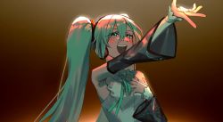 Rule 34 | 1girl, :d, bad id, bad twitter id, bare shoulders, blue eyes, blue hair, blush, brown background, detached sleeves, fingernails, green nails, green ribbon, hair between eyes, hand on own chest, hand up, hatsune miku, hatsune miku (nt), headphones, highres, long sleeves, music, nail polish, neck ribbon, open mouth, outstretched arm, ribbon, round teeth, shirt, singing, sleeveless, sleeveless shirt, smile, solo, teeth, tsu (lovesick1964), twintails, upper body, upper teeth only, vocaloid, wide sleeves