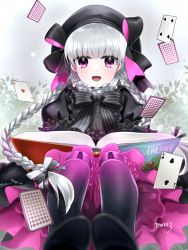 Rule 34 | 10s, 1girl, :d, alice in wonderland, artist name, black dress, blush, book, bow, braid, card, dress, fate/extra, fate/grand order, fate (series), hair bow, long hair, looking at viewer, mo253, nursery rhyme (fate), open mouth, playing card, purple eyes, silver hair, smile, star (symbol), twin braids