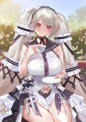 Rule 34 | 1girl, absurdly long hair, azur lane, black choker, black neckwear, black sailor collar, blurry, blurry background, bow, dress bow, breasts, choker, clothing cutout, cup, curvy, detached sleeves, dress, dress bow, feather dress, formidable (azur lane), formidable (timeless classics) (azur lane), hair ornament, highres, holding, holding cup, holding plate, large breasts, long hair, looking at viewer, navel cutout, nima (niru54), official alternate costume, outdoors, plate, platinum blonde hair, red eyes, sailor collar, see-through, see-through sleeves, signature, silver hair, sitting, solo, tea, teacup, twintails, two-tone dress, two-tone ribbon, very long hair, white dress, wide hips