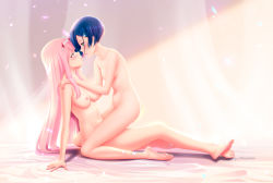 Rule 34 | 10s, absurdres, aqua eyes, arm support, artist name, barefoot, blue hair, breasts, cloudxmoe, collarbone, commentary, darling in the franxx, eye contact, feet, green eyes, hair ornament, hair over one eye, hairclip, hand on another&#039;s cheek, hand on another&#039;s face, hand on another&#039;s shoulder, highres, horns, ichigo (darling in the franxx), long hair, looking at another, medium breasts, navel, nipples, nude, open mouth, pink hair, red horns, short hair, signature, sitting, sitting on person, small breasts, yuri, zero two (darling in the franxx)