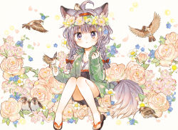 Rule 34 | 1girl, ahoge, animal, animal ears, animal on head, bare legs, bird, bird on hand, bird on head, blush, bow, braid, floral print, flower, flower wreath, fox ears, fox tail, full body, green jacket, hair bow, hairband, head wreath, highres, itou hachi, jacket, knees together feet apart, knees up, light purple hair, long hair, long sleeves, looking at viewer, on head, parted lips, petals, purple eyes, rose, sandals, sitting, sleeves past wrists, solo, sparrow, star (symbol), tail, torikago scrap march, track jacket, twin braids, white background