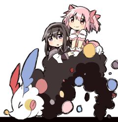 Rule 34 | &gt; &lt;, 10s, 2girls, akemi homura, amaiwashi, bad id, bad pixiv id, black hair, blush, bow, bubble skirt, charlotte (madoka magica), choker, closed eyes, gloves, hair bow, hairband, kaname madoka, long hair, looking at another, looking at viewer, magical girl, mahou shoujo madoka magica, mahou shoujo madoka magica (anime), multiple girls, multiple riders, pink eyes, pink hair, purple eyes, riding, short hair, short twintails, simple background, skirt, smile, tongue, tongue out, twintails, white background, white gloves