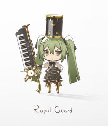 Rule 34 | 1girl, black bow, black skirt, bow, chibi, closed mouth, collared shirt, commentary request, drum, green eyes, green hair, grey background, hair between eyes, hand on own hip, hatsune miku, high-waist skirt, highres, holding, holding instrument, instrument, keyboard (instrument), kieed, long hair, long sleeves, shadow, shirt, skirt, solo, standing, v-shaped eyebrows, very long hair, vocaloid, white shirt