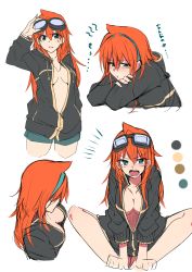 Rule 34 | 1girl, :t, absurdres, amano tora, blush, breasts, character sheet, cleavage, color guide, cropped legs, downblouse, extended downblouse, female focus, goggles, goggles on head, highres, hood, hoodie, kazenoko, long hair, looking at viewer, multiple views, naked hoodie, no bra, open clothes, open mouth, original, pout, simple background, sketch, text focus, translated, upper body, white background, zipper