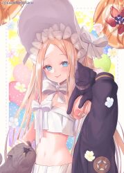 Rule 34 | 1girl, abigail williams (fate), abigail williams (swimsuit foreigner) (fate), abigail williams (swimsuit foreigner) (third ascension) (fate), bare shoulders, bikini, black cat, black jacket, blonde hair, blue eyes, blush, bonnet, bow, breasts, cat, fate/grand order, fate (series), forehead, hair bow, highres, jacket, long hair, looking at viewer, miniskirt, navel, parted bangs, sidelocks, skirt, small breasts, smile, suzuho hotaru, swimsuit, tongue, tongue out, twintails, very long hair, white bikini, white bow, white headwear