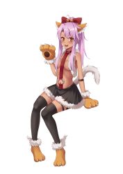 Rule 34 | 1girl, :d, absurdres, animal ears, animal hands, bare shoulders, black skirt, black thighhighs, blush, bow, breasts, brown eyes, cat ears, cat paws, cat tail, chloe von einzbern, collar, collarbone, commentary request, dark-skinned female, dark skin, fate/kaleid liner prisma illya, fate (series), full body, fur trim, gloves, hair bow, hand up, highres, long hair, looking at viewer, medium breasts, miniskirt, navel, necktie, open mouth, paw gloves, paw shoes, pink hair, ponytail, red bow, red necktie, revealing clothes, shoes, shu pian, sidelocks, simple background, sitting, skirt, smile, solo, tail, teeth, thighhighs, upper teeth only, white background, zettai ryouiki