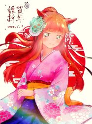 Rule 34 | 1girl, alternate hairstyle, animal ears, blue hakama, blunt bangs, closed mouth, commentary, dated, egasumi, flag background, floral print, flower, furisode, green eyes, hair flower, hair ornament, hair up, hakama, happy new year, highres, hime cut, horse ears, horse girl, japanese clothes, japanese flag, katsuragi (webmaster909), kimono, light particles, long hair, long sleeves, looking at viewer, nengajou, new year, obi, orange hair, pink kimono, ponytail, print kimono, sash, silence suzuka (umamusume), smile, solo, straight hair, translated, umamusume, wide sleeves