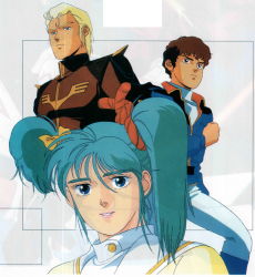 Rule 34 | 1girl, 2boys, 80s, absurdres, age difference, amuro ray, blonde hair, blue hair, brown hair, char&#039;s counterattack, char aznable, gundam, highres, lipstick, makeup, multiple boys, official art, oldschool, pink lips, quess paraya, retro artstyle, twintails