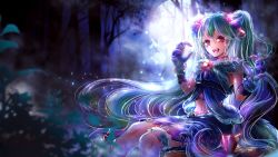 Rule 34 | 1girl, :d, animal ears, bad id, bad pixiv id, blurry, blurry background, fangs, floating hair, full moon, gloves, green hair, hair between eyes, hatsune miku, long hair, looking at viewer, midriff, moon, navel, night, open mouth, outdoors, purple gloves, red eyes, shigemu room, sitting, smile, solo, stomach, very long hair, vocaloid, wolf ears