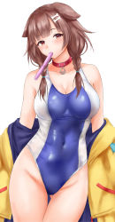 Rule 34 | 1girl, animal collar, animal ears, blue one-piece swimsuit, bone hair ornament, braid, breasts, brown eyes, brown hair, cartoon bone, collar, competition swimsuit, covered navel, cowboy shot, dog ears, dog girl, dog tail, extra ears, gluteal fold, groin, hair between eyes, hair ornament, highleg, highleg swimsuit, highres, hololive, inugami korone, inugami korone (1st costume), jacket, long hair, low twin braids, medium breasts, multicolored clothes, multicolored swimsuit, one-piece swimsuit, papico (ice cream), simple background, solo, swimsuit, tail, tupet, twin braids, utdkaz, virtual youtuber, white background, yellow jacket