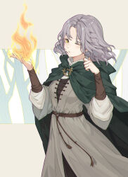 Rule 34 | 1girl, absurdres, belt, brown belt, cape, commentary, dress, elden ring, facial tattoo, fire, flaming hand, green cape, grey dress, grey hair, highres, hood, hood down, hooded cape, kushige musume, long sleeves, magic, melina (elden ring), one eye closed, pyrokinesis, short hair, solo, tattoo, wavy hair, yellow eyes