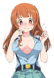 Rule 34 | 1girl, aoshidan school uniform, belt, blue shirt, blush, breasts, brown eyes, brown hair, cleavage, closed mouth, girls und panzer, ixy, large breasts, long hair, looking down, no bra, school uniform, shirt, short sleeves, simple background, solo, standing, suspenders, takebe saori, wavy mouth, white background