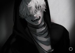 Rule 34 | 1boy, close-up, cuts, deep wound, fang, highres, hood, hood down, hooded jacket, hoodie, injury, jacket, looking at viewer, male focus, o (trauma003), open mouth, original, scar, scar on neck, short hair, solo