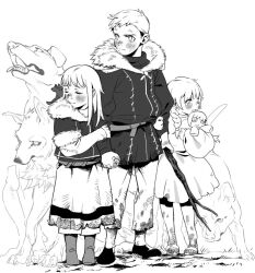 Rule 34 | 1boy, 2girls, aged down, animal, animal on shoulder, arms at sides, belt, blood, blood on clothes, blood on leg, boots, braid, branch, brother and sister, character doll, child, cross scar, dirty, dirty feet, dog, doll, dragon, dragon (remains) (dungeon meshi), dress, dungeon meshi, elf, facing to the side, falin thorden, flip-flops, frown, full body, fur-trimmed sleeves, fur trim, grabbing another&#039;s arm, greyscale, height difference, holding, holding branch, holding doll, holding hands, holding stuffed toy, jacket, laios thorden, leichen6194, long hair, long sleeves, looking to the side, marcille donato, monochrome, multiple girls, pants, patchwork clothes, pointy ears, puffy long sleeves, puffy sleeves, runny nose, sandals, scar, scar on face, scar on forehead, scared, shoes, short hair, siblings, snot, stitches, stuffed toy, tearing up, time paradox, torn clothes, torn dress, torn pants
