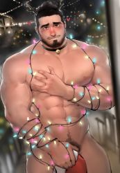 Rule 34 | 1boy, abs, antlers, arm hair, bara, bare pectorals, beard, beckoning, black collar, blush, chest hair, christmas, collar, come hither, covering crotch, covering privates, dopey (dopq), facial hair, feet out of frame, grabbing, grabbing own breast, hat, heart, heart-shaped pupils, highres, horns, large pectorals, looking at viewer, male focus, male pubic hair, mature male, muscular, muscular male, mustache, navel, navel hair, nipples, original, pectoral grab, pectorals, pubic hair, pubic hair peek, reindeer antlers, santa costume, santa hat, seductive smile, short hair, smile, solo, stomach, symbol-shaped pupils, thick eyebrows, thick thighs, thighs