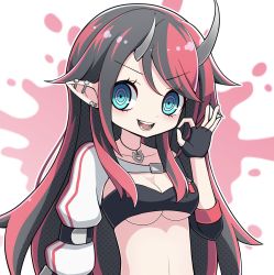 Rule 34 | 1girl, arm strap, bikini, black bikini, black gloves, black hair, blue eyes, blush, breasts, cleavage, commentary request, compression sleeve, demon girl, demon horns, ear piercing, fingerless gloves, gloves, highres, horns, jacket, long hair, looking at viewer, medium breasts, mol fire893, multicolored hair, nanashi inc., official alternate costume, ok sign, open mouth, piercing, pointy ears, red hair, ryugasaki rene, ryugasaki rene (2nd costume), shrug (clothing), smile, solo, striped clothes, striped jacket, sugar lyric, swimsuit, two-tone hair, underboob, upper body, virtual youtuber, white background, white jacket