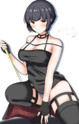 Rule 34 | 1girl, abataa, absurdres, bare shoulders, black dress, black hair, black thighhighs, blush, breasts, cleavage, cosplay, dagger, dress, fingerless gloves, gloves, grey panties, hair bun, highres, holding, holding dagger, holding knife, holding weapon, kantai collection, knife, looking at viewer, medium breasts, myoukou (kancolle), panties, reverse grip, short hair, simple background, single hair bun, smile, solo, spy x family, thighhighs, two-sided dress, two-sided fabric, underwear, weapon, white background, yellow eyes, yor briar, yor briar (cosplay)