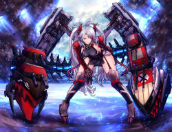 Rule 34 | 1girl, ;), antenna hair, armpit cutout, azur lane, blush, boots, breasts, cannon, clothing cutout, cross, full body, hair between eyes, hand on own hip, headgear, highres, iron cross, large breasts, leaning forward, leotard, light particles, long hair, looking at viewer, masayoshi, mole, mole on breast, multicolored hair, one eye closed, pelvic curtain, prinz eugen (azur lane), red eyes, red hair, rigging, rudder footwear, shin guards, silver hair, smile, solo, standing, standing on liquid, streaked hair, thighhighs, two side up, very long hair, wide sleeves