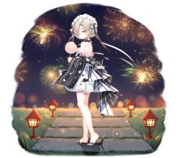 Rule 34 | 1girl, aerial fireworks, animal print, azur lane, bare shoulders, blonde hair, blue kimono, blush, braid, breasts, cat print, character name, choker, cotton candy, cross, cross choker, detached sleeves, fireworks, food, full body, hair over one eye, hair ribbon, highres, holding, holding food, japanese clothes, kimono, logo, long sleeves, looking at viewer, maid headdress, maya g, multicolored clothes, multicolored kimono, night, night sky, official alternate costume, official art, ribbon, sandals, sheffield (a moment&#039;s respite) (azur lane), sheffield (azur lane), short hair, sky, solo, tachi-e, watermark, weibo watermark, white kimono, wide sleeves, yellow eyes, yukata, zouri