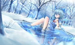 Rule 34 | 1girl, bathing, blue dress, blue eyes, blue hair, cirno, dress, forest, highres, ice, ice wings, looking at viewer, matching hair/eyes, mochi (chain csn), nature, pond, puffy short sleeves, puffy sleeves, reflection, revision, shirt, short sleeves, snow, snowing, solo, touhou, wings, winter