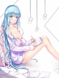Rule 34 | 1girl, absurdres, ahoge, blue eyes, blue hair, blush, breasts, cleavage, closed mouth, collarbone, drawing, from side, highres, knees up, long hair, long sleeves, looking to the side, medium breasts, miu (pixiv4149478), naked shirt, original, pencil, shirt, sitting, smile, solo, very long hair, white shirt