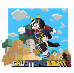 1girl animal_ears black_hair black_pants blue_jacket blush calstone_light_o_(umamusume) character_name cloud day horse_ears horse_girl horse_tail jacket long_hair long_sleeves minecraft minecraft_(style) multicolored_hair open_mouth outdoors pants running sarcophage smile solo streaked_hair tail tree umamusume yellow_eyes