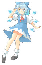 Rule 34 | 1girl, arnest, black footwear, blue bow, blue dress, blue eyes, blue hair, blush, bow, cirno, closed mouth, collared shirt, detached wings, dress, fairy, full body, hair between eyes, hair bow, highres, ice, ice wings, puffy short sleeves, puffy sleeves, shirt, shoes, short hair, short sleeves, simple background, smile, socks, solo, touhou, v, white background, white shirt, white socks, wings