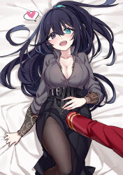 Rule 34 | 1girl, 1other, arm tattoo, bed sheet, black eyes, black gloves, black skirt, black vest, blue eyes, blue hair, blush, breasts, cleavage, cloud tattoo, coat, commentary request, dante (limbus company), genderswap, genderswap (mtf), gloves, grey shirt, hand on another&#039;s stomach, heart, highres, hong lu (project moon), large breasts, limbus company, long hair, long skirt, lying, on back, open mouth, pantyhose, pov, project moon, red coat, shiki (shikki46), shirt, side slit, skirt, smile, solo focus, speech bubble, spoken heart, tattoo, very long hair, vest