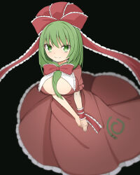 Rule 34 | 1girl, black background, blurry, breasts, closed eyes, commentary request, depth of field, dress, front ponytail, green eyes, green hair, green pupils, hair ribbon, hekkmushi, highres, kagiyama hina, large breasts, looking at viewer, medium hair, red dress, red ribbon, ribbon, simple background, smile, solo, touhou