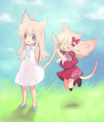 Rule 34 | 2girls, animal ears, blonde hair, blue eyes, blush, cat ears, cat tail, holding another&#039;s tail, lowres, multiple girls, shiratama shima, tail, tail grab