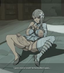 Rule 34 | 1girl, asymmetrical clothes, bandages, bare shoulders, braid, breast suppress, breasts, brown eyes, cleavage, english text, erection, flower, full body, futanari, hair ornament, high heels, huge penis, indoors, inverted nipples, kaine (nier), large breasts, legs, lingerie, marnic, negligee, newhalf, nier, nier (series), nippleless clothes, nipples, penis, plant, shadow, shiny skin, shoes, silver hair, sitting, solo, spread legs, sweatdrop, testicles, text focus, thighs, underwear, veins, veiny penis