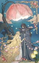 Rule 34 | 1990s (style), 1boy, 1girl, absurdly long hair, armor, black hair, blonde hair, cape, circlet, cloud, emeraude (rayearth), flower, framed, gem, guriko (pixiv229226), hair ornament, height difference, hetero, highres, holding hands, leaf, long hair, looking at another, magic knight rayearth, pearl (gemstone), plant, retro artstyle, spoilers, very long hair, vines, zagato (rayearth)