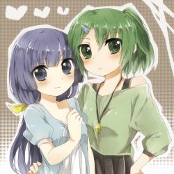 Rule 34 | 10s, 2girls, aoki reika, bad id, bad pixiv id, blue eyes, blue hair, blush, casual, dress, green eyes, green hair, green shirt, hair ornament, hair ribbon, hair tubes, hairclip, hand on own hip, jewelry, long hair, midorikawa nao, multiple girls, necklace, off shoulder, ponytail, precure, prussian blue, ribbon, shirt, smile, smile precure!
