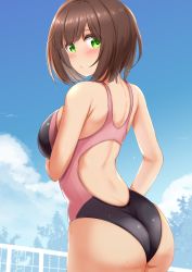 Rule 34 | 1girl, animal ears, ass, back, backless swimsuit, blue sky, blush, breasts, brown hair, cloud, competition swimsuit, day, green eyes, highres, idolmaster, idolmaster cinderella girls, kibihimi, large breasts, looking at viewer, looking back, maekawa miku, one-piece swimsuit, outdoors, short hair, sky, solo, standing, swimsuit, wet