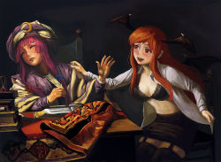 Rule 34 | 2girls, :d, alternate costume, alternate headwear, amibazh, bat wings, black bra, blush, book, book stack, bra, breasts, chair, crescent, crescent pin, desk, dress, dress shirt, closed eyes, fine art parody, garter straps, head wings, koakuma, lips, long hair, long sleeves, looking at another, looking away, low wings, multiple girls, navel, open book, open clothes, open mouth, open shirt, parody, patchouli knowledge, purple hair, red eyes, red hair, rug, shirt, sitting, skirt, smile, touhou, turban, underwear, white shirt, wings