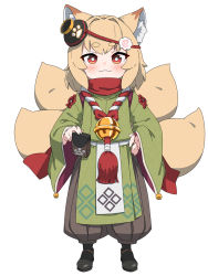 Rule 34 | 1girl, animal ear fluff, animal ears, bell, black footwear, blush, brown hair, brown hakama, closed mouth, commentary request, fox ears, fox girl, fox tail, full body, green kimono, hakama, hakama pants, hand on own hip, highres, indie virtual youtuber, japanese clothes, jingle bell, kamiya ris, kimono, kitsune, kuro kosyou, long sleeves, looking at viewer, multiple tails, pants, red eyes, shoes, short eyebrows, simple background, smile, solo, standing, tail, thick eyebrows, virtual youtuber, white background, wide sleeves