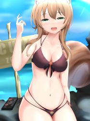 Rule 34 | 1girl, absurdres, animal ears, area 15, ayunda risu, beach, bikini, breasts, brown hair, cleavage, cloud, condom box, firen inferno, green eyes, highres, hololive, hololive indonesia, long hair, looking at viewer, ocean, open mouth, rock, sign, sitting, sky, solo, sunlight, swimsuit, tail, virtual youtuber