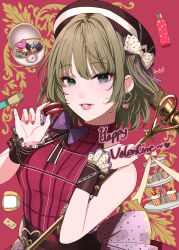Rule 34 | 1girl, beret, blue eyes, bob cut, chocolate, food, green eyes, green hair, hair intakes, happy valentine, hat, highres, holding, holding food, holding microphone, idolmaster, idolmaster cinderella girls, looking at viewer, macaron, maou (demonlord), microphone, microphone stand, mole, mole under eye, nail polish, open mouth, parted lips, plaid, plaid shirt, shirt, short hair, solo, takagaki kaede, tea set, tiered tray, wrist cuffs