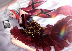 Rule 34 | 1girl, admiral graf spee (azur lane), admiral graf spee (girl&#039;s sunday) (azur lane), azur lane, bare shoulders, bed sheet, blue eyes, brown flower, brown rose, closed mouth, commentary request, deutschland (azur lane), dress, elbow gloves, feet out of frame, flower, gloves, layered dress, long hair, lying, multicolored hair, on side, photo (object), picture frame, pleated dress, purple flower, purple rose, red dress, red flower, red footwear, red gloves, red hair, red rose, red scarf, revision, rin2008, rose, scarf, see-through, shoes, silver hair, solo, strapless, strapless dress, streaked hair