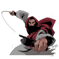 Rule 34 | 1boy, beard, beyblade, beyblade (object), black hair, character request, facial hair, hood, hooded robe, looking at viewer, male focus, orange eyes, red hood, ripcord, robe, short hair, simple background, solo, the bible, toy, tskmartinsen, white background, white robe