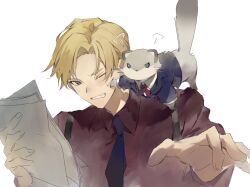Rule 34 | 1boy, angry, animal, animal on shoulder, black necktie, blonde hair, blue eyes, clenched teeth, clothed animal, collared shirt, ferret, highres, hiyamaru, holding, holding paper, holostars, kishido temma, male focus, mstarsgasuki, necktie, official alternate costume, one eye closed, paper, parted bangs, red shirt, shirt, short hair, simple background, solo, suspenders, sweatdrop, teeth, upper body, virtual youtuber, white background
