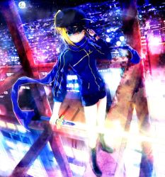 Rule 34 | 1girl, ahoge, artoria pendragon (fate), baseball cap, black footwear, black hat, blonde hair, blue eyes, blue jacket, blue scarf, blue shorts, blush, boots, cityscape, closed mouth, commentary request, cross-laced footwear, fate/grand order, fate (series), full moon, hair between eyes, hair through headwear, hand on headwear, hand up, hat, highres, himitsucalibur (fate), holding, holding sword, holding weapon, jacket, knee boots, lace-up boots, looking at viewer, moon, mysterious heroine x (fate), night, night sky, outdoors, ponytail, sakazakinchan, scarf, short shorts, shorts, sky, solo, standing, sword, weapon, wristband